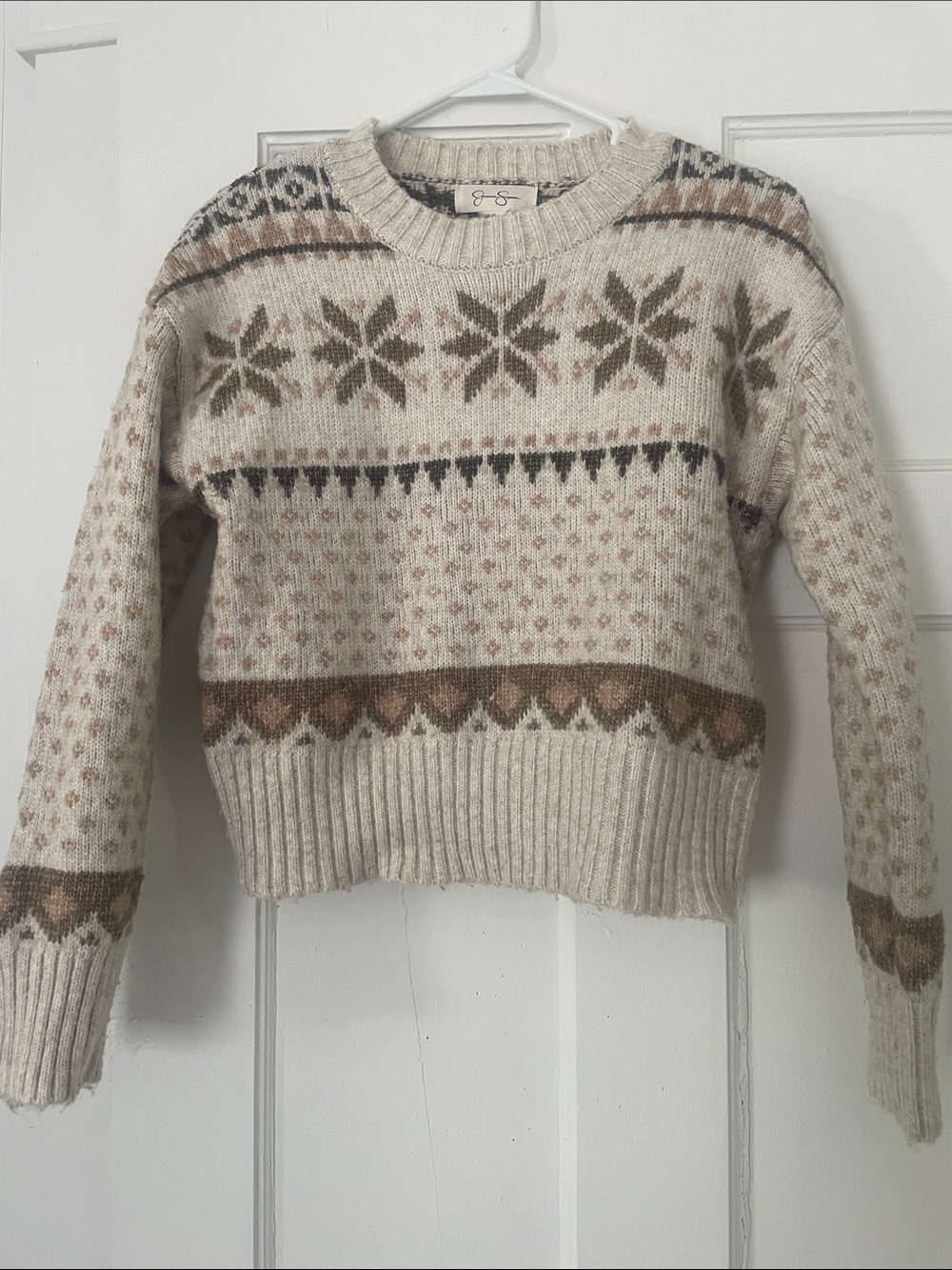 Jessica Simpson Cream Fair Isle Crewneck Sweater with Brown and Tan Pattern